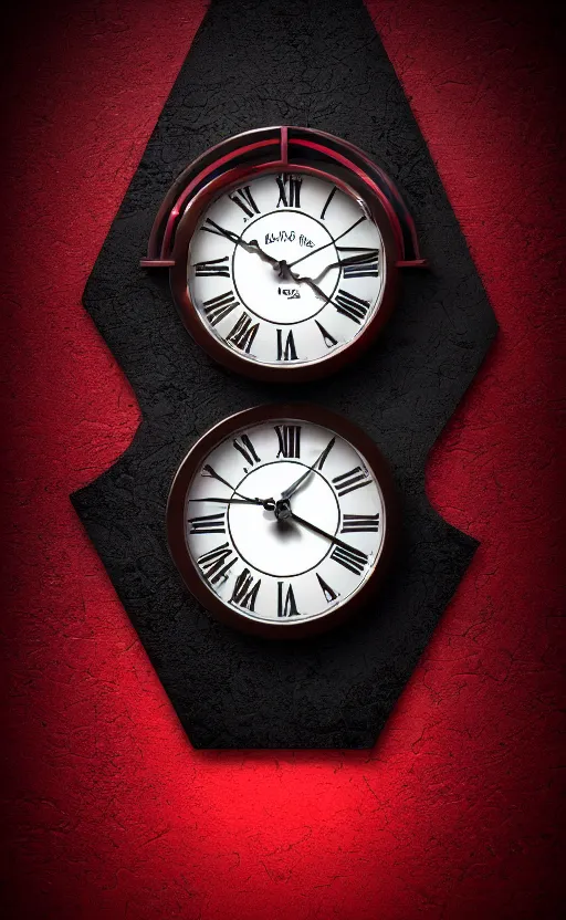 Image similar to a melting Roman numeral clock, behind a red and black gradient background, awith a black heart shaped on the top left corner and a black diamond card shape in the bottom right corner, dynamic lighting, photorealistic fantasy concept art, trending on art station, stunning visuals, cinematic, creative, ultra detailed