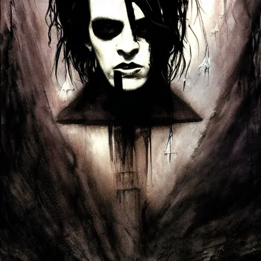 Prompt: gaunt ( the cure fan ) as dream from sandman, dim stars as eyes, nick cave, by jeremy mann, by cedric peyravernay, by ben templesmith, by dave mckean and richard avedon, dramatic lightning, sadness, dark eye sockets, in the shadows, punk rock, gothic, high detailed, 8 k