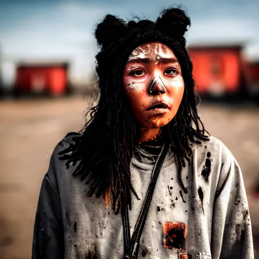 Prompt: photographic portrait of a distressed streetwear woman holding back tears, a futuristic shanty town burns in the background, closeup, sigma 85mm f/1.4, 4k, depth of field, high resolution, 4k, 8k, hd, full color