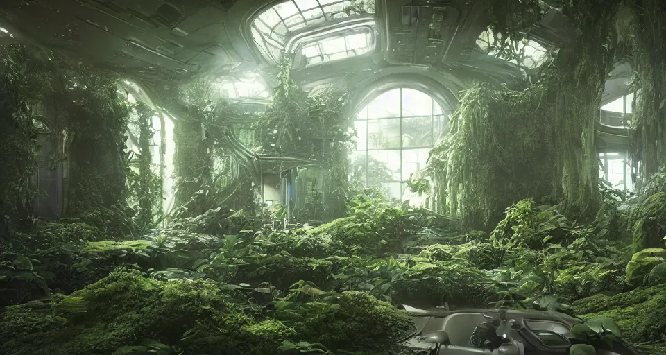 Image similar to inside a spaceship living quarters overgrown with plant life and ivy, artgerm, yoshitaka amano, gothic interior, 8 k, octane render, unreal engine