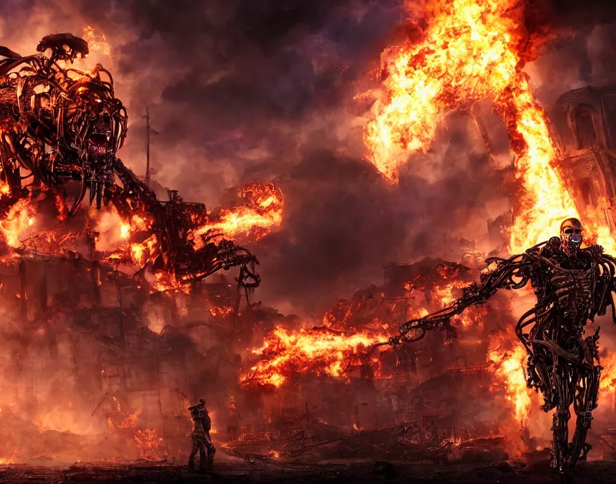 Image similar to terminator purple flaming skull, destroyed town on background, fantasy artwork, very beautiful scenery, hd, hdr, ue 5, ue 6, unreal engine 5, cinematic 4 k wallpaper, 8 k, ultra detailed, by popular digital, details, beautiful image ever created, high resolution, artstation, award winning, detailed body, details face, realistic body proportions