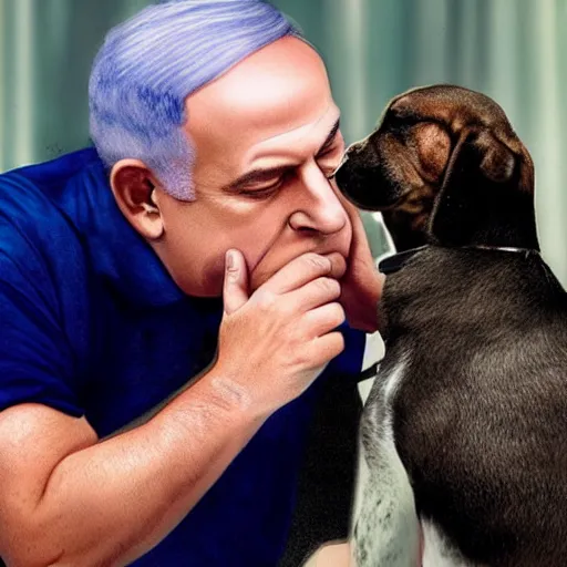 Image similar to benjamin netanyahu kissing a dog, photorealistic, detailed