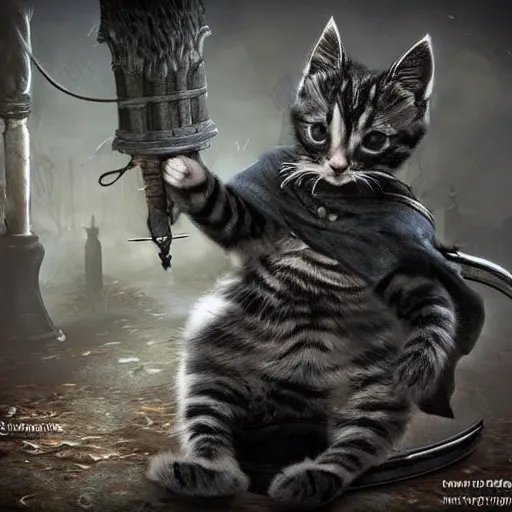 Image similar to An adorable kitten as a 'Bloodborne' hunter