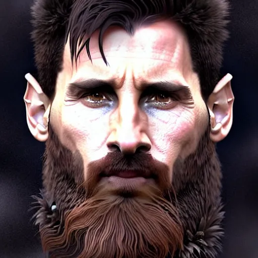 Image similar to Messi with a majestic beard, closeup, D&D, fantasy, intricate, elegant, highly detailed, digital painting, artstation, concept art, matte, sharp focus, illustration, art by Artgerm and Greg Rutkowski and Alphonse Mucha