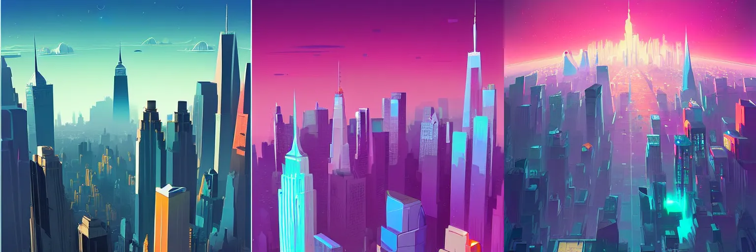 Prompt: new york city skyline in the future by john harris and anton fadeev