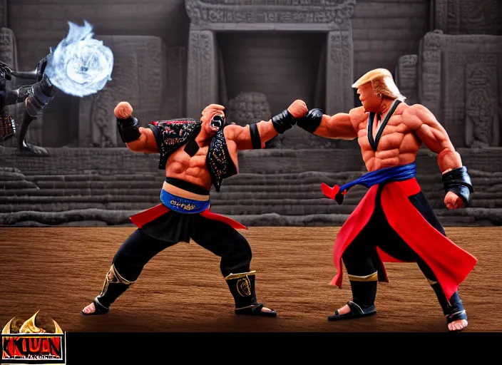 Image similar to 5 5 mm photo of trump fights biden in mortal kombat on the background of an ancient temple with a giant shao kahn laughing. fantasy magic style. highly detailed 8 k. intricate. lifelike. soft light. sony a 7 r iv 5 5 mm. cinematic post - processing