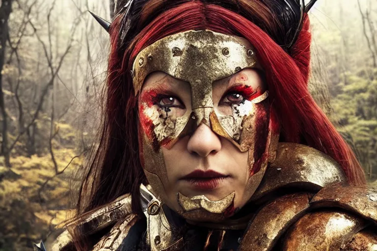 Image similar to vfx movie scene closeup nomad cyborg warrior viking geisha in a smoldering forest. by emmanuel lubezki