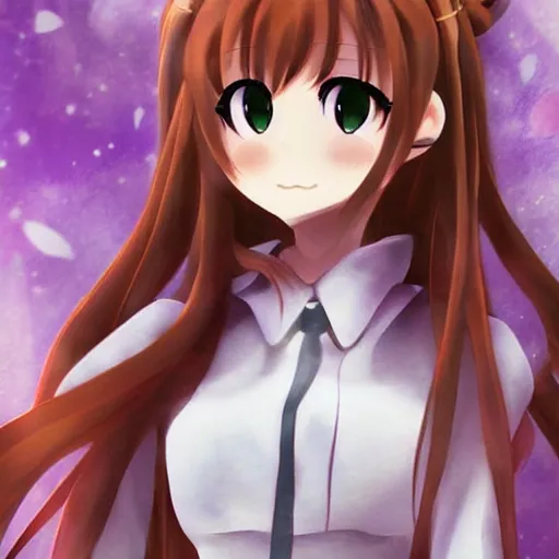 Image similar to monika from doki doki, anime, beautiful, high detail, soft focus, warm colours