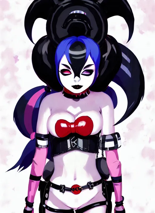 Image similar to portrait of cute goth harley quinn in latex clothes, illustration concept art anime key visual trending pixiv fanbox by wlop and greg rutkowski and makoto shinkai and studio ghibli