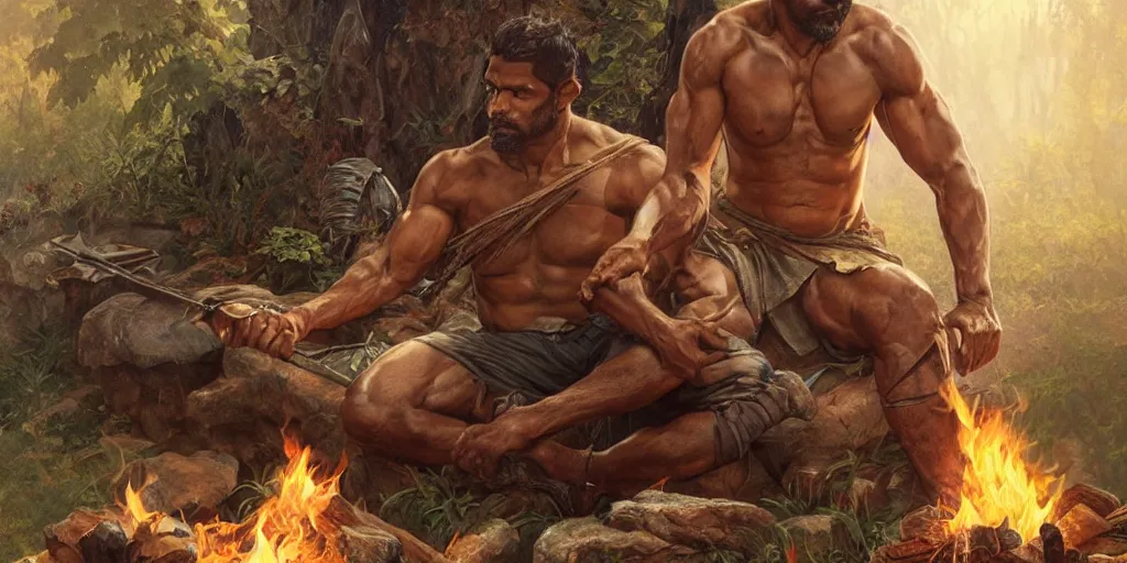 Image similar to Rugged male Sri Lankan warrior relaxing by the fire, relaxed, muscular, upper body, fantasy, intricate, elegant, highly detailed, digital painting, artstation, concept art, smooth, sharp focus, illustration, art by artgerm and greg rutkowski and alphonse mucha