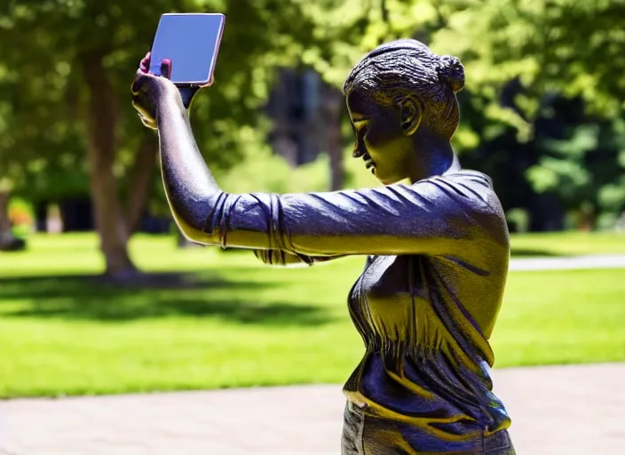 Image similar to photo still of a bronze statue of a woman using an iphone to take a selfie in a park on a bright sunny day, 8 k 8 5 mm f 1 6