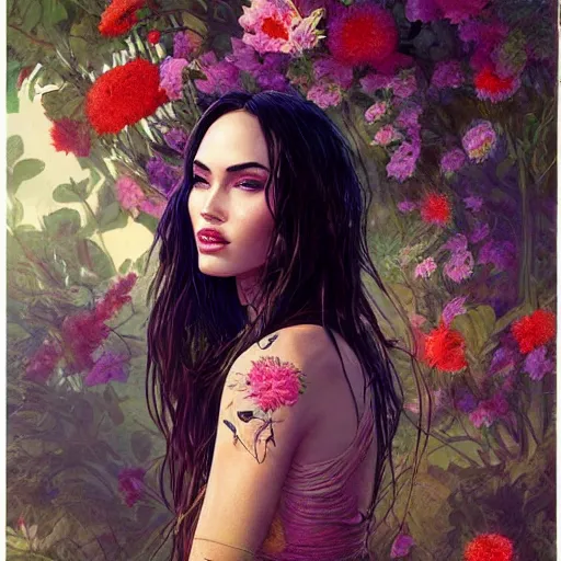 Prompt: painting of megan fox dressed with flowers, illustration, artistic, colorful, hyper detailed, in the style of Greg Rutkowski