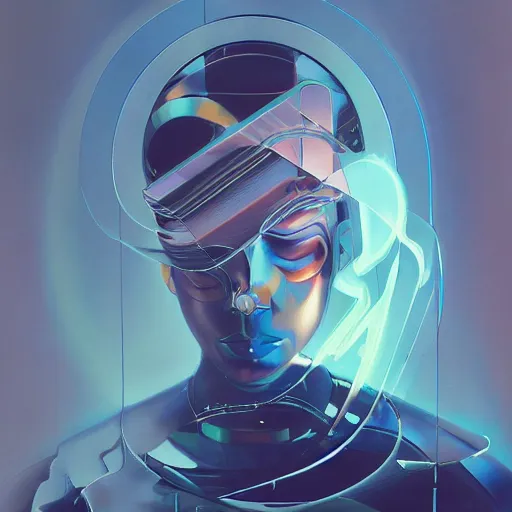 Image similar to scifi futurism automaton minimalism chrome by peter mohrbacher art Hajime Sorayama airbrush hyperrealism model abstract shatter fragments cubism futurism pastel blue soft flat minimal minimalism portrait face jackson pollock ukiyo-e lithograph mark ruthko swirl escape noise shimmer glow paint