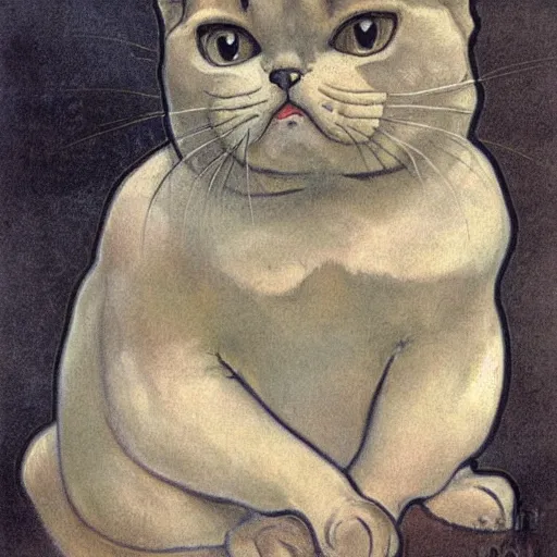 Prompt: exotic shorthair cat, solid grey, beautiful painting by beatrix potter and alphonse mucha