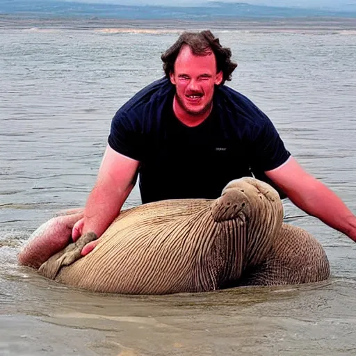 Image similar to phil hawkins, a small man, wrestles a huge walrus