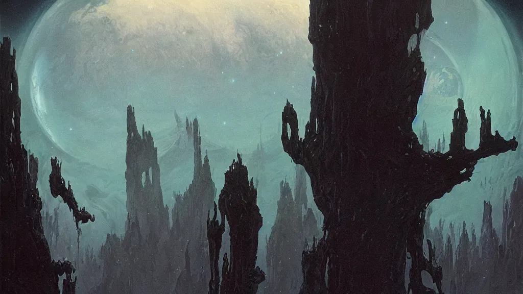 Prompt: eerie atmospheric alien worlds by michael whelan and bernie wrightson, epic cinematic matte painting