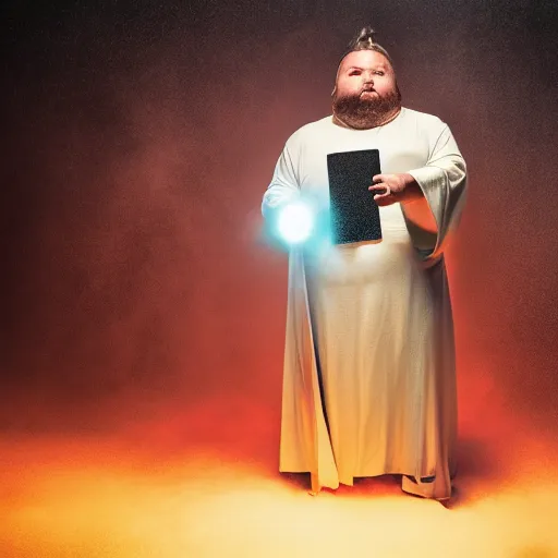 Image similar to fat jedi in epic pose, facing camera, smoke, fog, studio lighting from above, illustration,