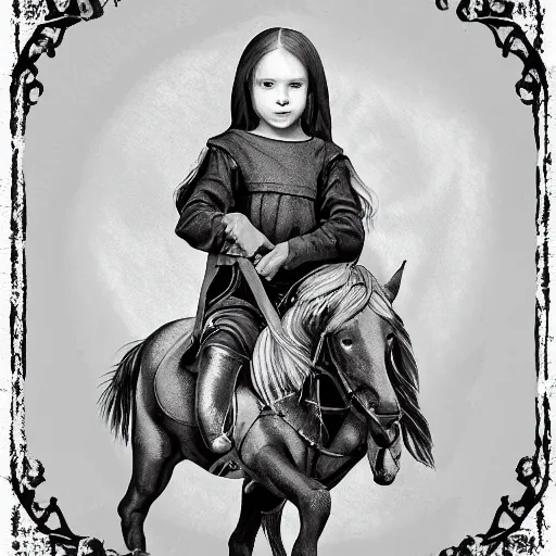 Image similar to portrait of a medieval child girl on a horse, digital art, detailed