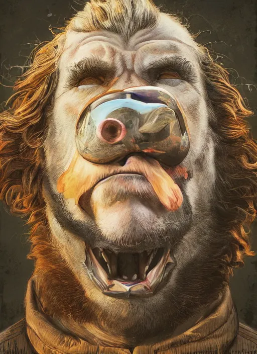 Image similar to a hyper detailed full face portrait of joaquin phoenix as the king of animals, cow, pig, sheep, chicken, horror, by anna podedworna, by miklos ligeti, by diego maricato, on artstation