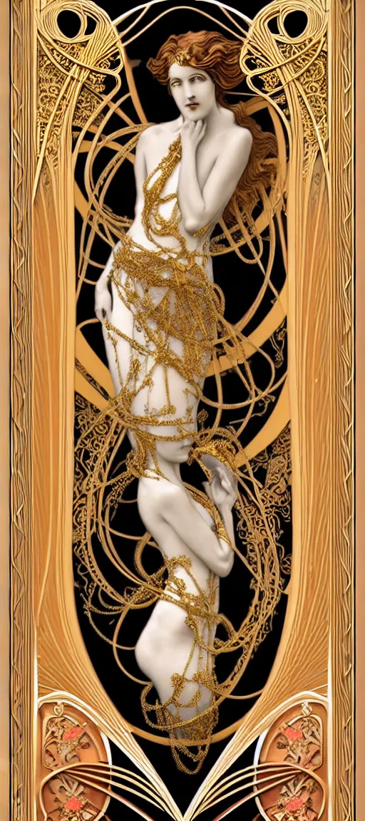 Image similar to the source of future growth dramatic, elaborate emotive Art Nouveau styles to emphasise beauty as a transcendental, seamless pattern, symmetrical, large motifs, hyper realistic, 8k image, 3D, supersharp, Art nouveau 3D curves and swirls, copper and Gold pipes, silk ribbons and golden chains, swarovski crystals, iridescent and black and shiny gold colors , perfect symmetry, iridescent, High Definition, sci-fi, Octane render in Maya and Houdini, light, shadows, reflections, photorealistic, masterpiece, smooth gradients, no blur, sharp focus, photorealistic, insanely detailed and intricate, cinematic lighting, Octane render, epic scene, 8K