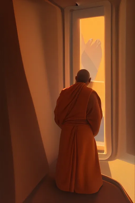 Image similar to portrait of a blind monk in a spaceship, looking out the window, orange robe, dramatic lighting, artstation, matte painting, ralph mcquarrie