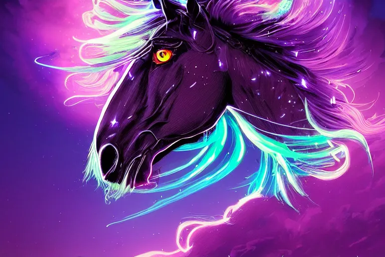 Image similar to a stunning horse with bioluminescent mane and tail running in the sky by sandra chevrier and greg rutkowski, neon hooves, purple blue color scheme, vaporware, retro, outrun, high key lighting, volumetric light, digital art, highly detailed, fine detail, intricate, ornate, complex, octane render, unreal engine, photorealistic