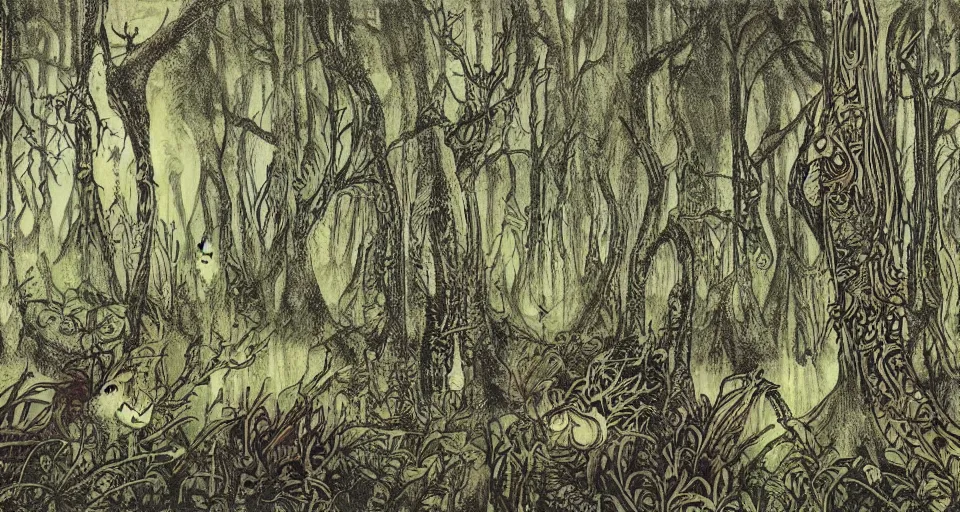 Prompt: A dense and dark enchanted forest with a swamp, by Raymond Briggs