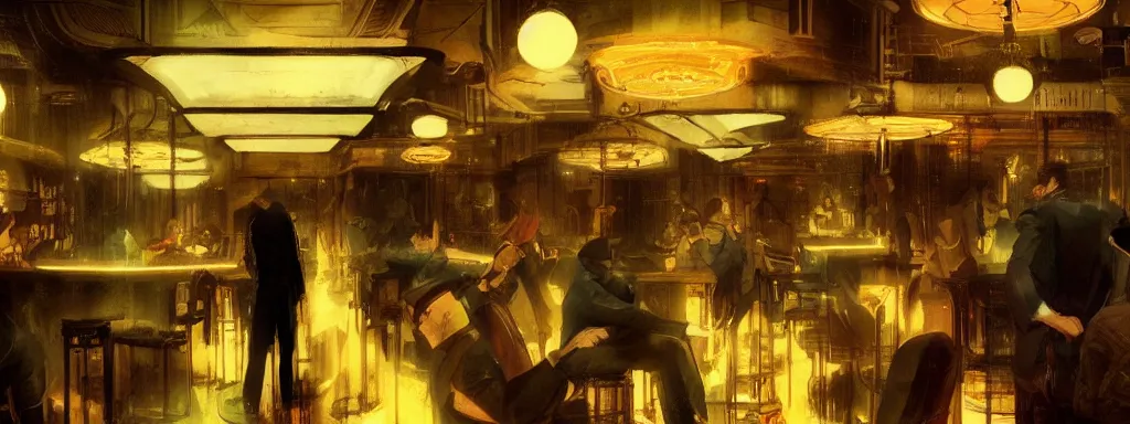 Prompt: concept art, crowded retro - futurist speakeasy, reflections, dark moody lighting, bladerunner, james jean, syd mead, akihiko yoshida, cinematic