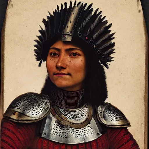 Prompt: head and shoulders portrait of a female knight, quechua, lorica segmentata, cuirass, tonalist, symbolist, realistic, ambrotype, baroque, detailed, modeled lighting, vignetting, indigo and venetian red, angular, smiling, raven