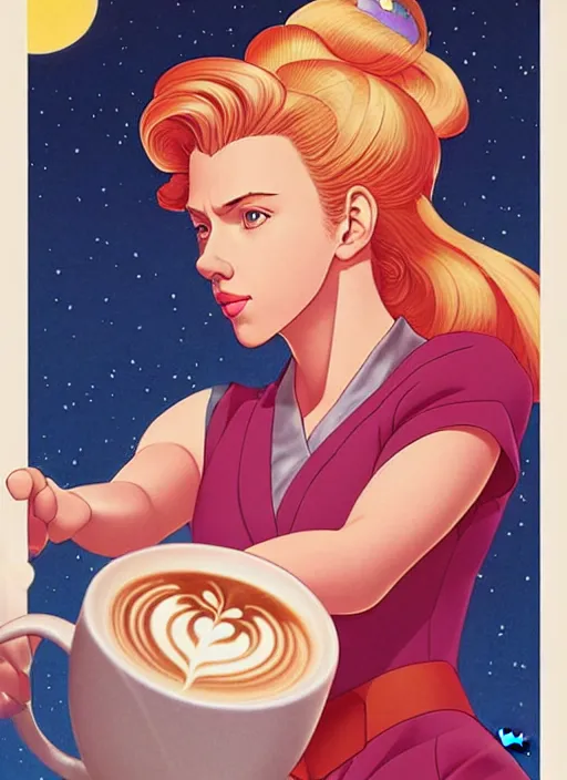 Image similar to realistic portrait of scarlett johansson as a sailor moon, making the coffee, early morning, light falling on face, futuristic, highly detailed, 8 0 - s style poster, sharp focus, illustration, art by kawase hasui,