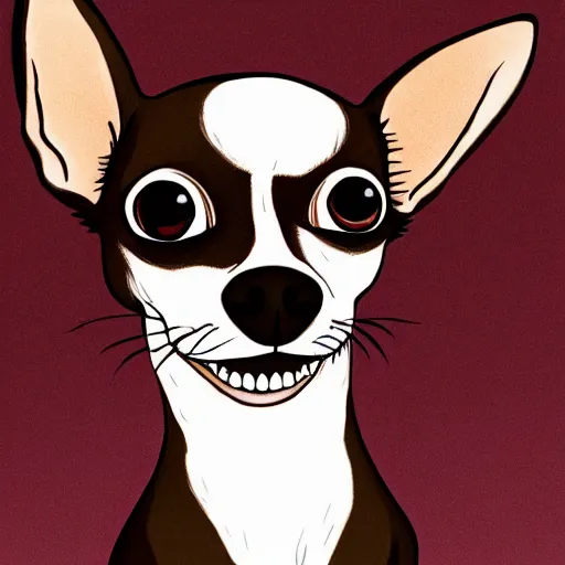 Image similar to a dark brown chihuahua, hyper detailed, in the style of junji ito, selfie shot straight on angle