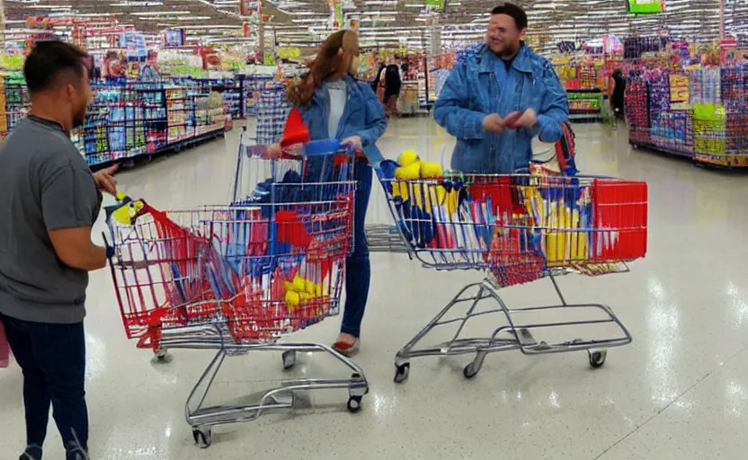 Image similar to blursed and glitched people shopping at walmart