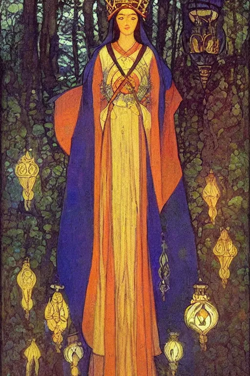 Prompt: lady of the forest with her crown and lantern, by Nicholas Roerich and Annie Swynnerton and Frederick Sandys, dramatic cinematic lighting , ornate headdress , flowing robes, sacred artifacts, lost civilizations, smooth, sharp focus, extremely detailed