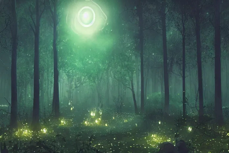 Image similar to Forest at night with floating lights, magical, Magic The Gathering