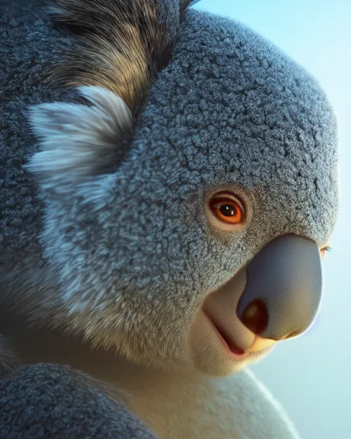 Image similar to movie still macro close photo of koala, by weta disney pixar greg rutkowski wlop ilya kuvshinov rossdraws artgerm octane render iridescent, bright morning, liosh, mucha