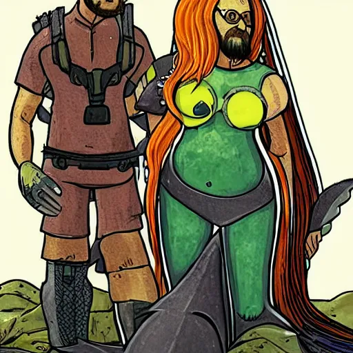 Prompt: gordon freeman and his wife with a halo over his head and fish for hands. his wife is a beautiful mermaid with red hair and a full bosom