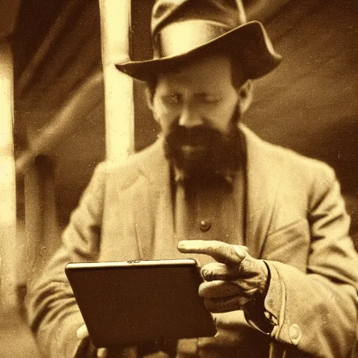 Image similar to turn of the century sepia photo of a man waiting at the train station while holding an ipad