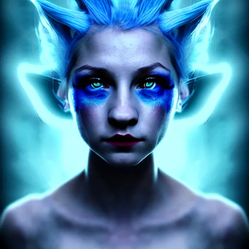 Image similar to The dragon girl portrait, portrait of young girl half dragon half human, dragon girl, dragon skin, dragon eyes, dragon crown, blue hair, long hair, highly detailed, cinematic lighting, Matte painting by David Lynch