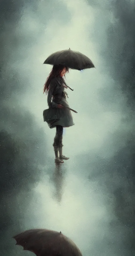 Prompt: Holding an umbrella and standing in a thunderstorm in the prairie, pretty, by Studio Ghibli and Greg Rutkowski, artstation