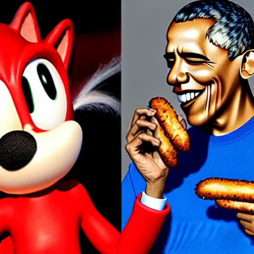 Image similar to a photograph of barack obama sharing a delicious chilli dog with sonic the hedgehog