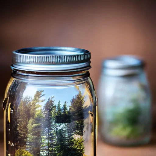 Image similar to a whole world inside a mason jar. studio photography. closeup. 4K. 14mm lens. iso 180. f/2.8.