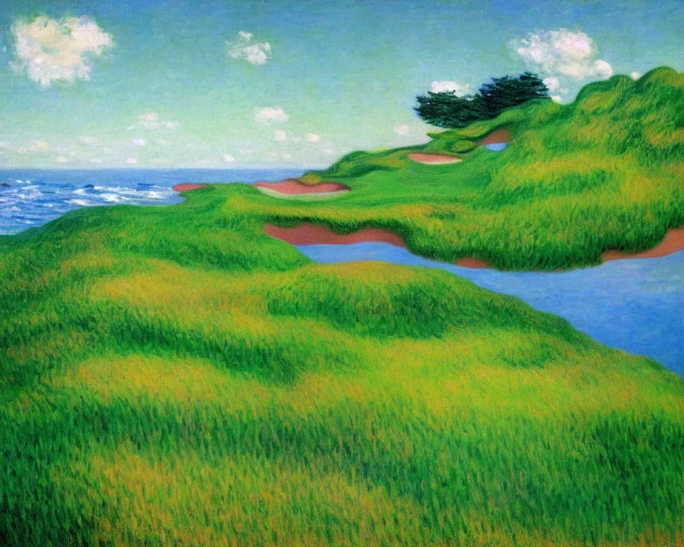 Image similar to achingly beautiful painting of pacific dunes course by rene magritte, monet, and turner.