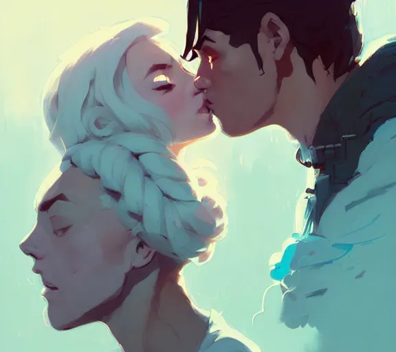 Image similar to portrait will kissing elisabeth by atey ghailan, by greg rutkowski, by greg tocchini, by james gilleard, by joe fenton, by kaethe butcher, dynamic lighting, gradient light blue, brown, blonde cream and white color scheme, grunge aesthetic