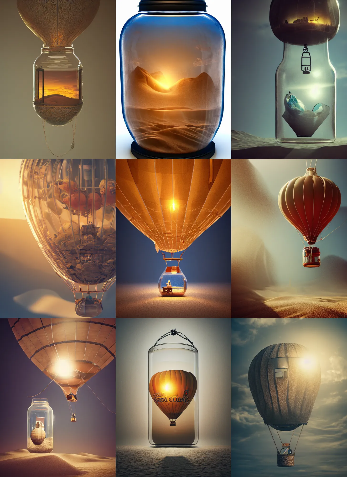 Prompt: hot air balloon inside a glass jar buried in sand, intricate detail, volumetric lighting, epic composition, hyper detailed, ultra realistic, sharp focus, octane render, ray tracing, sense of awe, swirling mist, 4 k