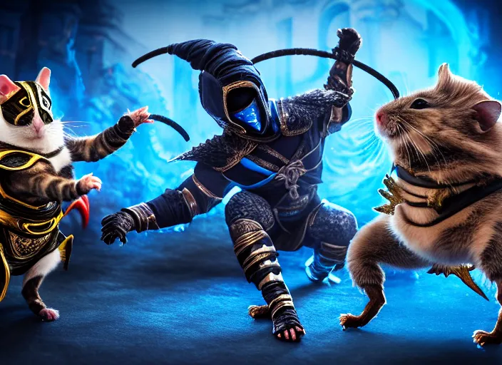 Prompt: hamster dressed as scorpion fights a cat dressed as sub zero in mortal kombat on the background of an ancient temple with a giant shao kahn laughing. fantasy magic style. highly detailed 8 k. intricate. lifelike. soft light. sony a 7 r iv 5 5 mm. cinematic post - processing