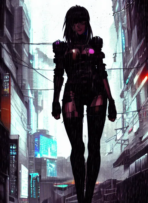 Prompt: cyberpunk anime woman, raining, in an alley at night back lit, by webang111 and Maciej Kuciara and Ilya Kuvshinov, trending on artstation