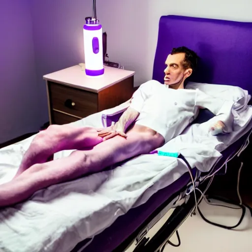 Image similar to extremely skinny man with purple skin lying on hospital bed in dim room with lava lamp on the bedside corner illuminating