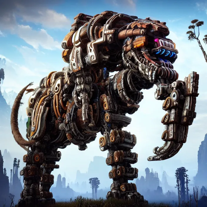 Image similar to photo of a cybernetic mammoth in the style of horizon zero dawn, highly detailed, 4 k, hdr, smooth, sharp focus, high resolution, award - winning photo