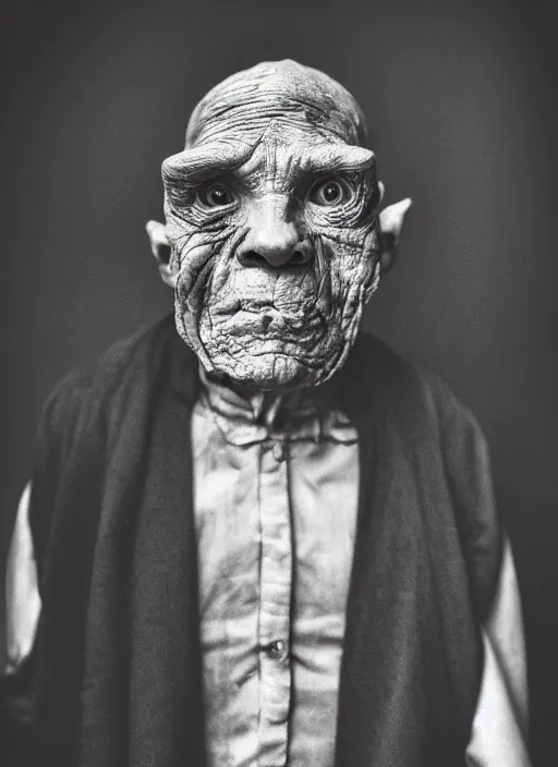 Image similar to A portrait photo of a very old cyclope man , high contrast, black and white