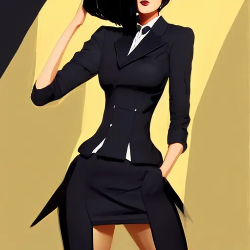 Image similar to slim cruel business girl in tuxedo with black bob hair, elegant, 2d, ultra highly detailed, digital painting, smooth, sharp focus, artstation, art by Ilya Kuvshinov
